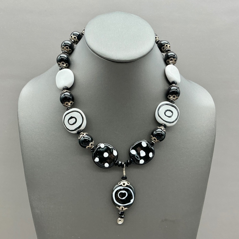 Beaded Statement Necklace Women Black White Polka Dot Swirl Toggle Clasp 20 In